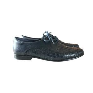 TROTTERS Woven Leather Loafer Flats Sz 6.5 Navy Blue Lace Up Vintage 90s Preppy